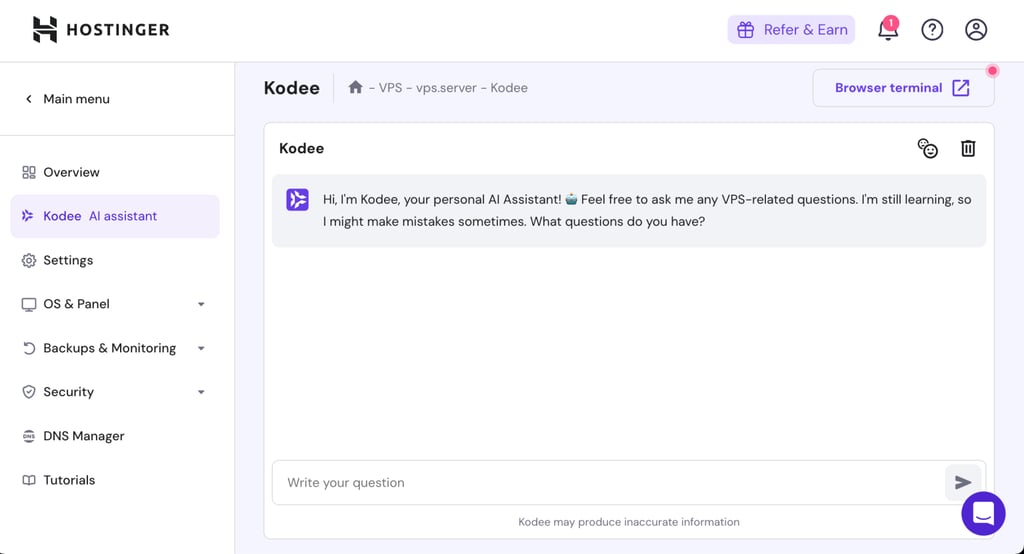 hPanelのKodee AIアシスタント画面