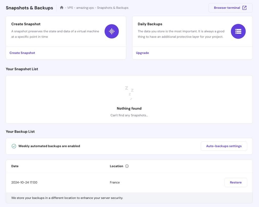 HostingerのhPanelのスナップショット& バックアップメニュー