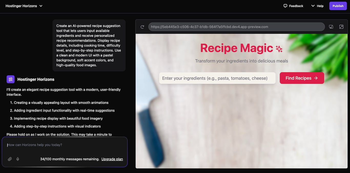 Hostinger Horizonsを使用する際の明確で具体的な方法を示すプロンプト