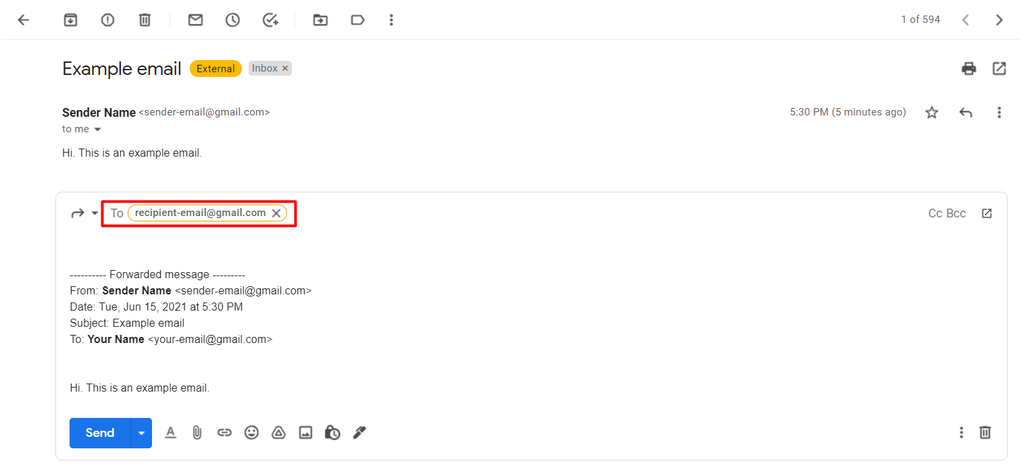 Gmailで転送先アドレスを入力している画面