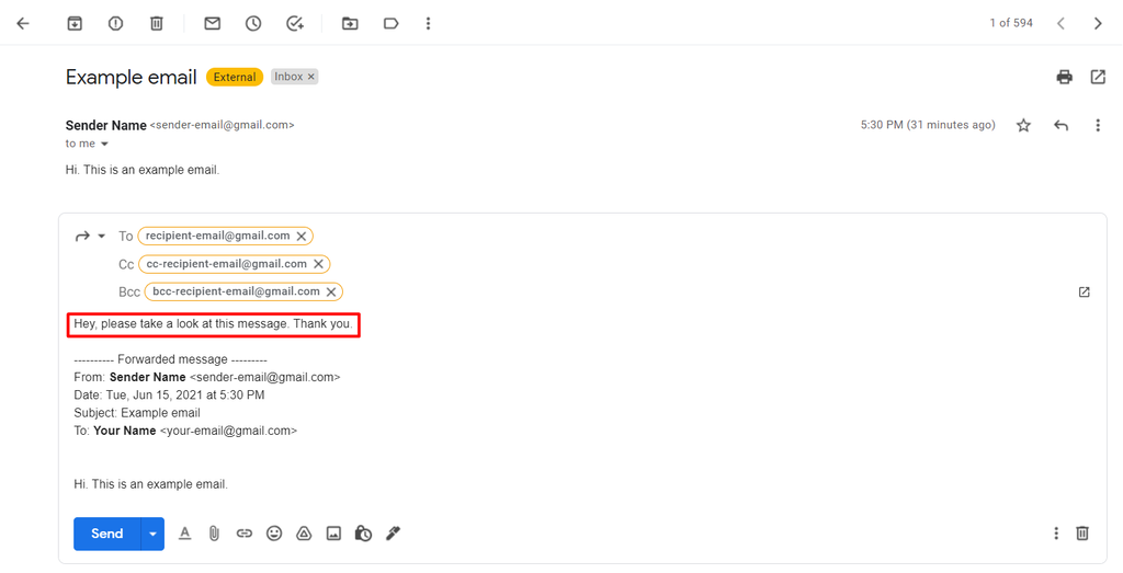 Gmailで転送メールの上部にメッセージを記載している画面