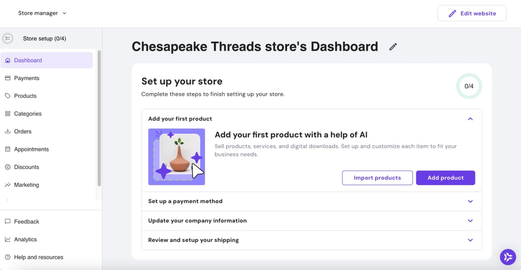 Hostingerのサイト作成ツールのオンラインストア管理パネル