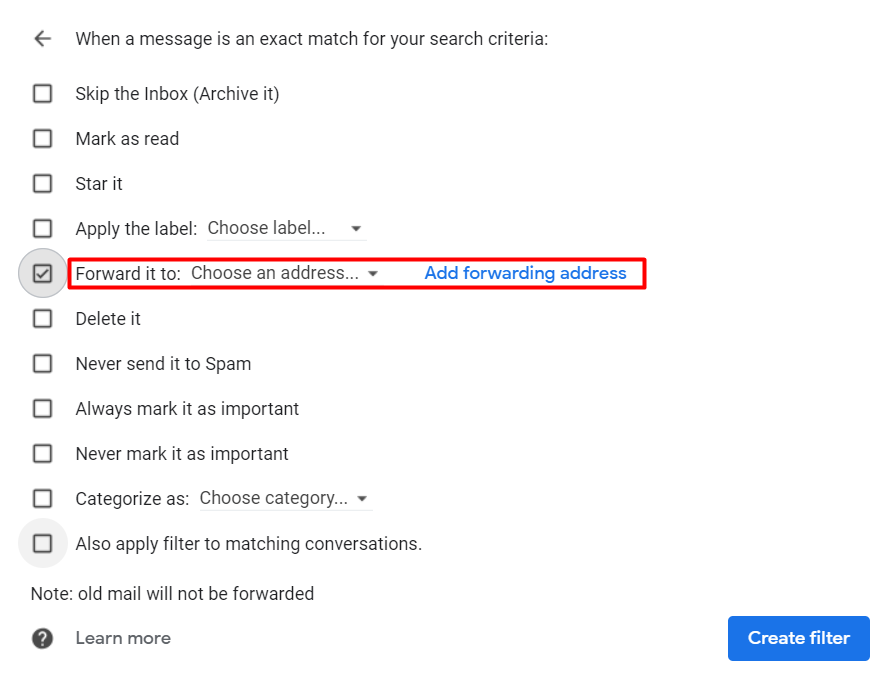 Gmailでフィルタリングされたメールの転送を有効化している画面