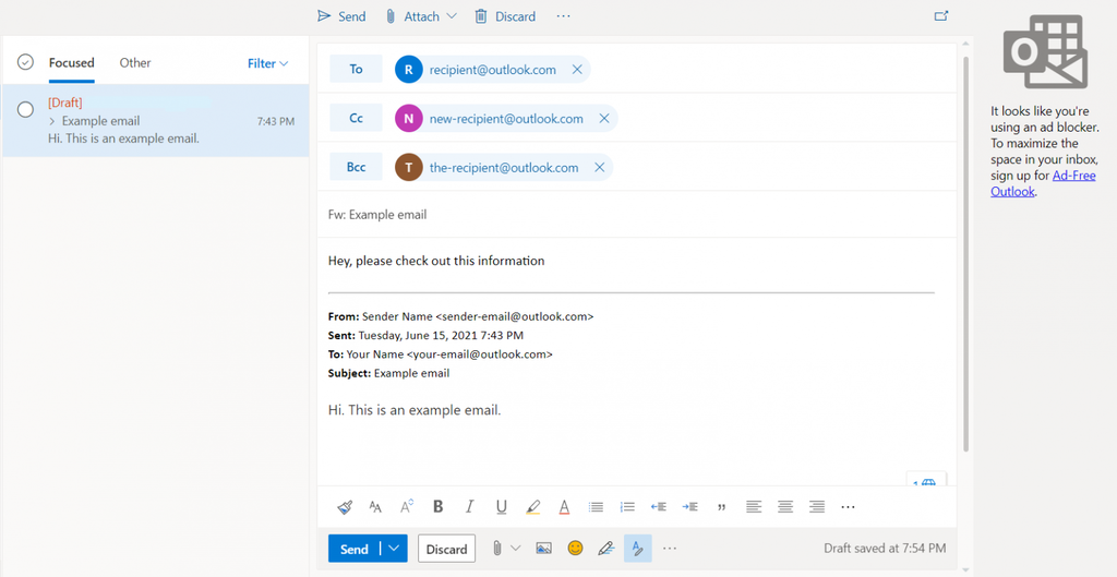 転送前にメールを編集している画面