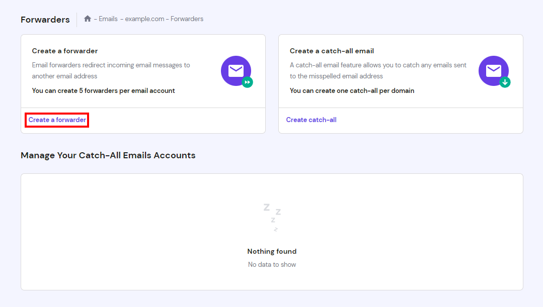 hPanelのフォワーダーセクションで「フォワーダーを作成」ボタンがハイライトされた画面