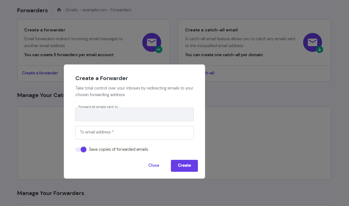 選択したメールボックス用のフォワーダー設定を作成するポップアップウィンドウ