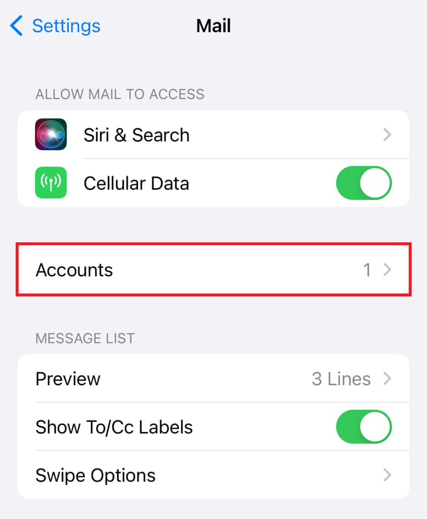 iPhoneメール設定でアカウントメニューの表示