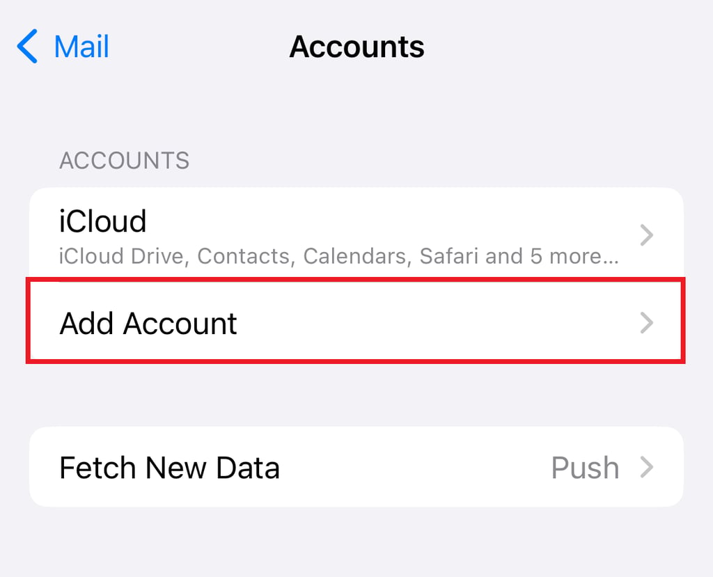 iPhoneメールアカウント画面でアカウント追加オプションの選択