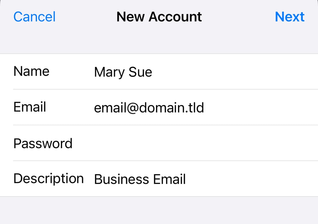 iPhone新規メールアカウント作成時の認証情報入力画面