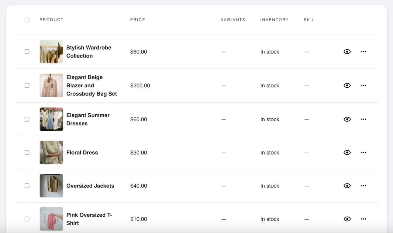 Hostingerのサイト作成ツールのストアマネージャー「商品」ページ