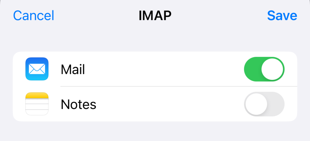 iPhoneメール設定最終ステップ、メールとメモアプリとの連携オプション選択画面