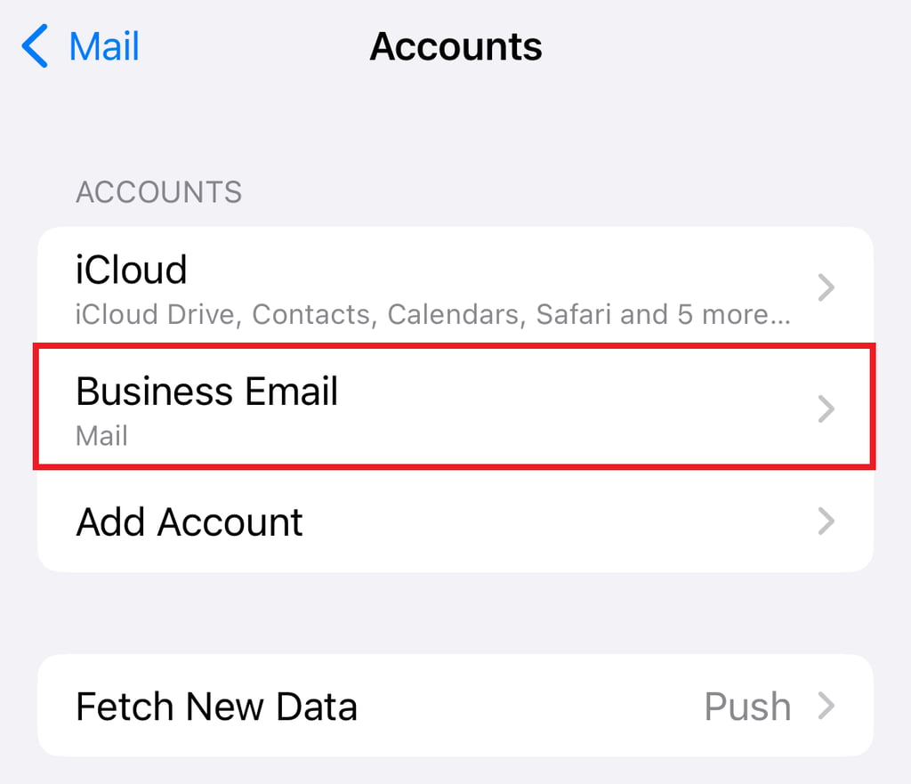 iPhone同期済みアカウント一覧、新規作成されたメールアカウント表示画面