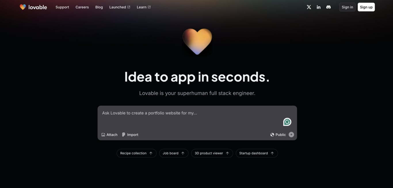 Lovableのホームページ