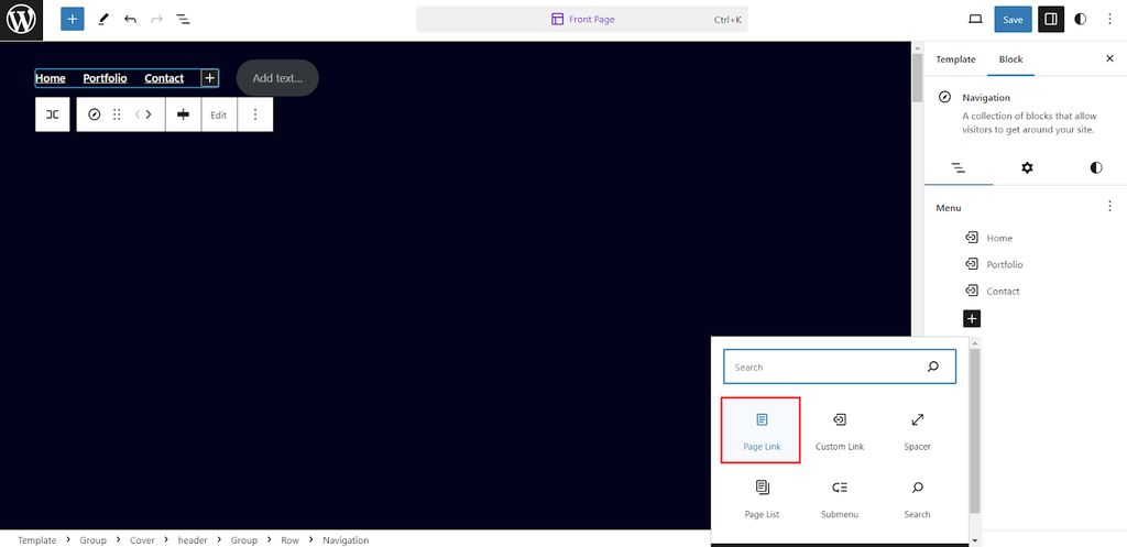 Block EditorでPage Linkブロックが赤枠で強調されている様子
