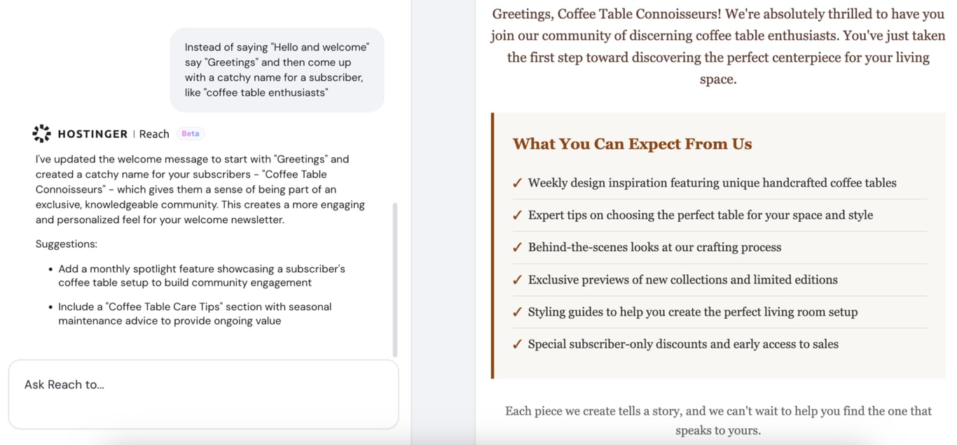 Hostinger Reach内のメールビルダー