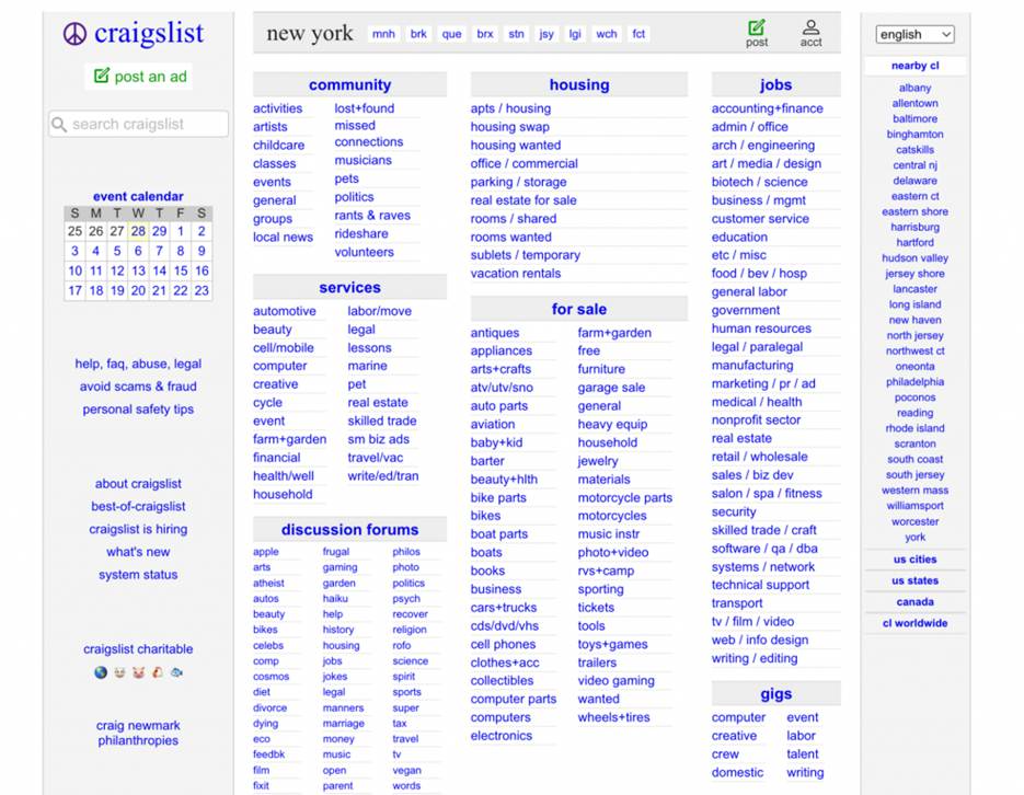 Craigslistホームページ