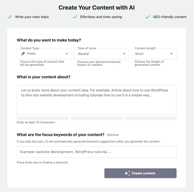 WordPressダッシュボード内のHostinger AIコンテンツクリエイター