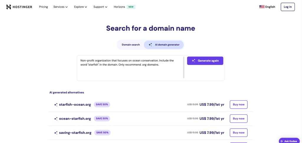 Hostingerのドメイン空き状況検索ツールでプロンプトに基づき利用可能なorgドメインを検索している画面