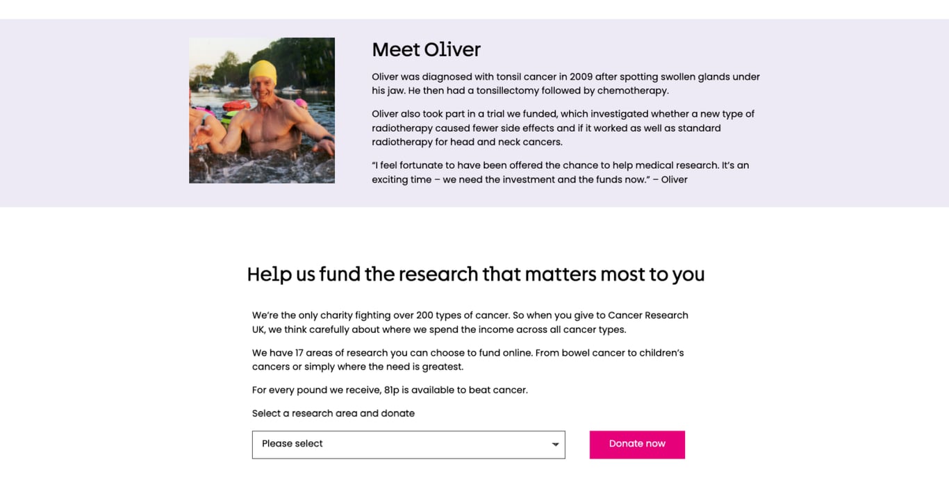 Cancer Research UKのWebサイト寄付ページで資金が必要な研究とその成果を紹介する画面
