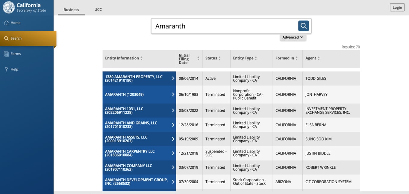 カリフォルニア州務長官のWebサイト、ビジネス名の検索結果を表示
