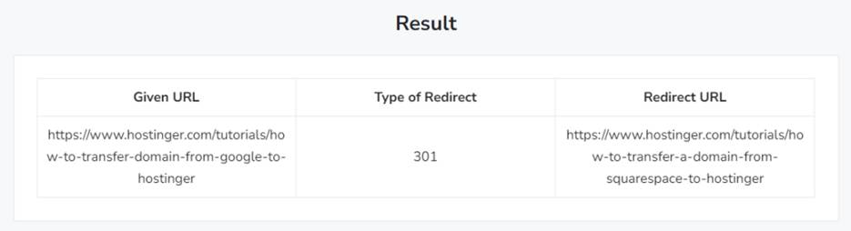 リダイレクトチェッカーを使用したドメインリダイレクトテスト結果
