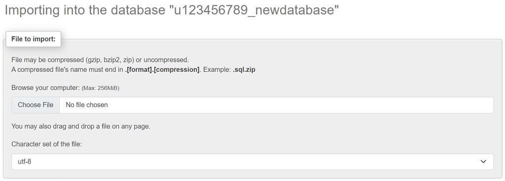 phpMyAdmin database archive import menu