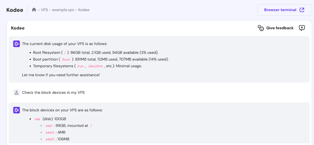 Kodee outputs the VPS current disk consumption and block devices