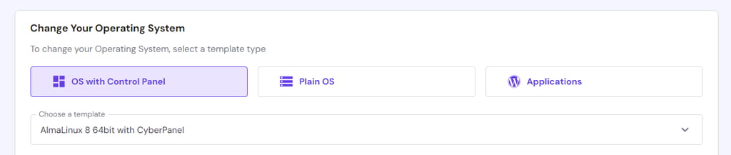 The AlmaLinux with Cyberpanel template in hPanel