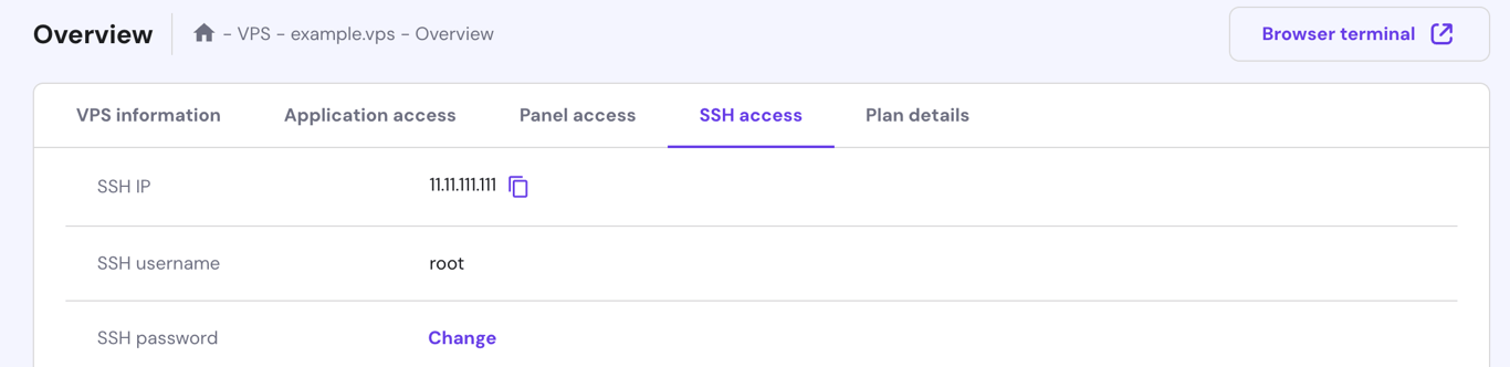The SSH access tab and login details within Hostinger's hPanel