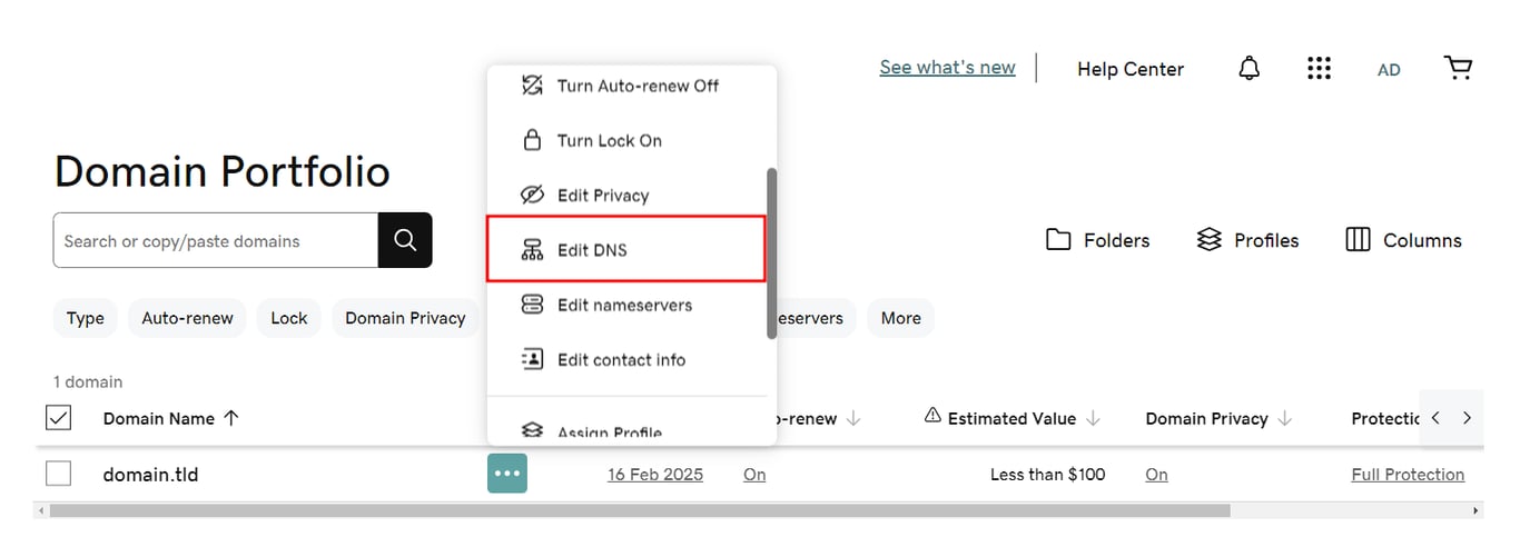 GoDaddy Domain Portfolio Edit DNS option