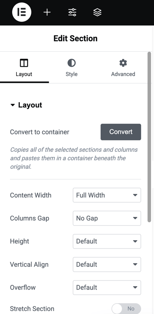 Public Opinion's layout settings in Elementor