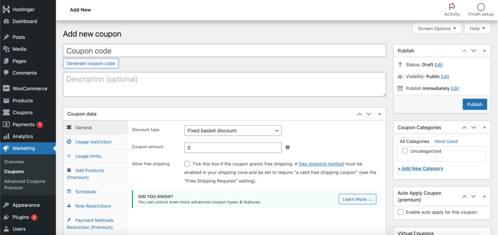 Add new coupon window in Advanced Coupons