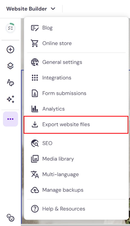 Hostinger Website Builder menu, highlighting the option to export website files