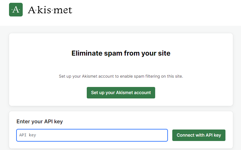 Fill out Akismet's API key in the provided field
