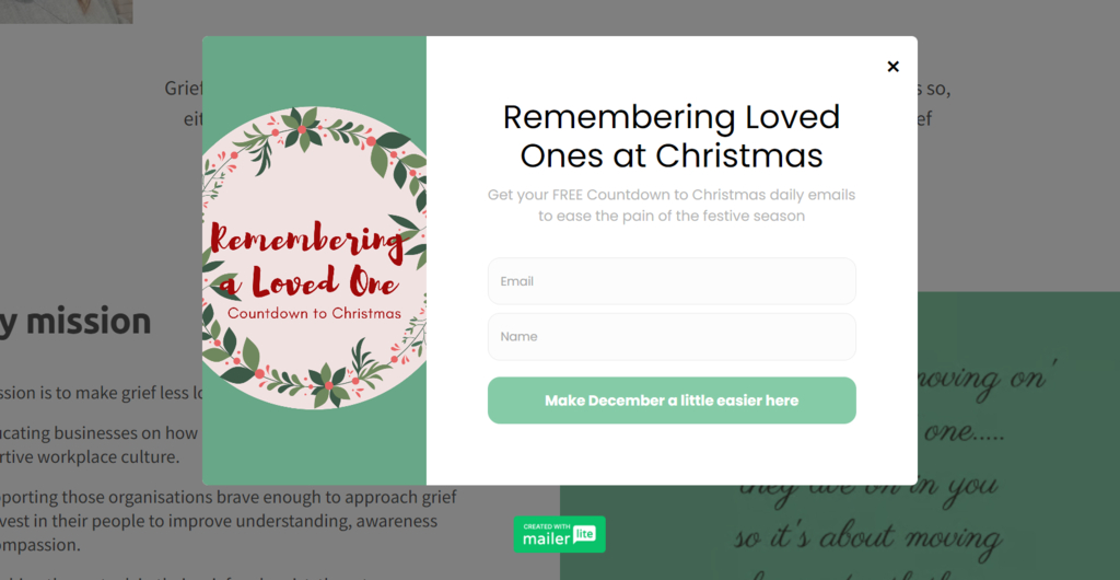 Jen Brighty Grief Coach website pop-up design