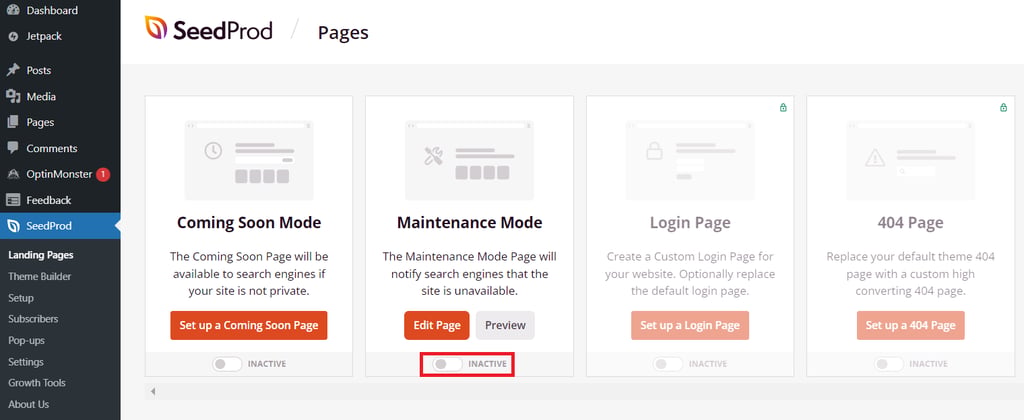 The SeedProd plugin's Landing Page menu with the Inactive toggle button under Maintenance Mode highlighted.