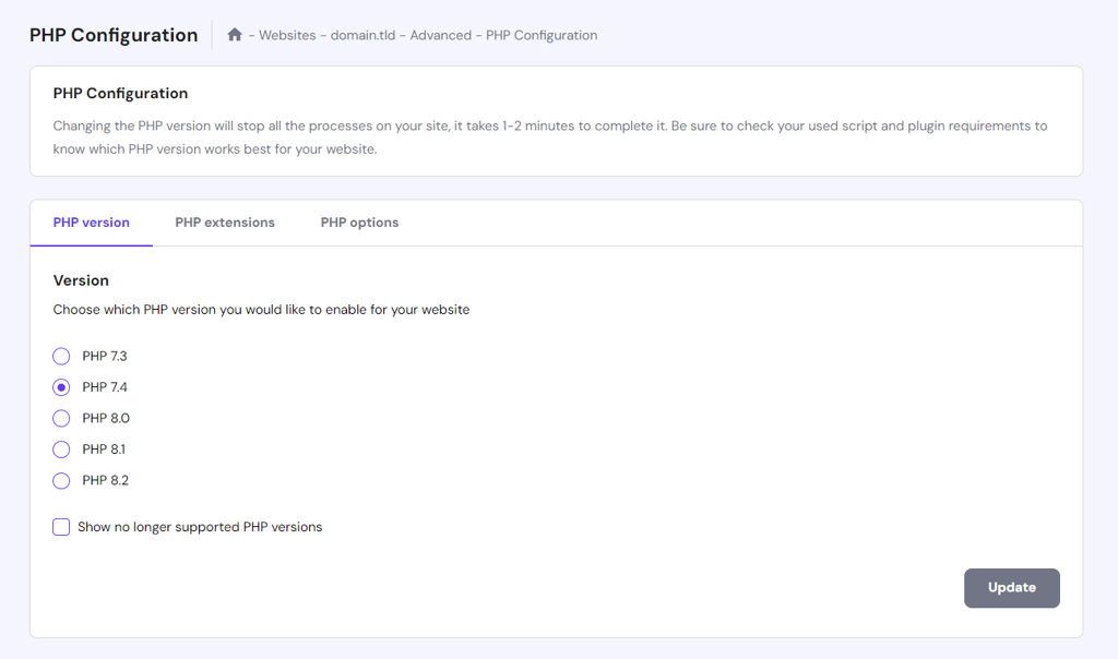 The PHP version tab in the PHP Configuration screen on hPanel