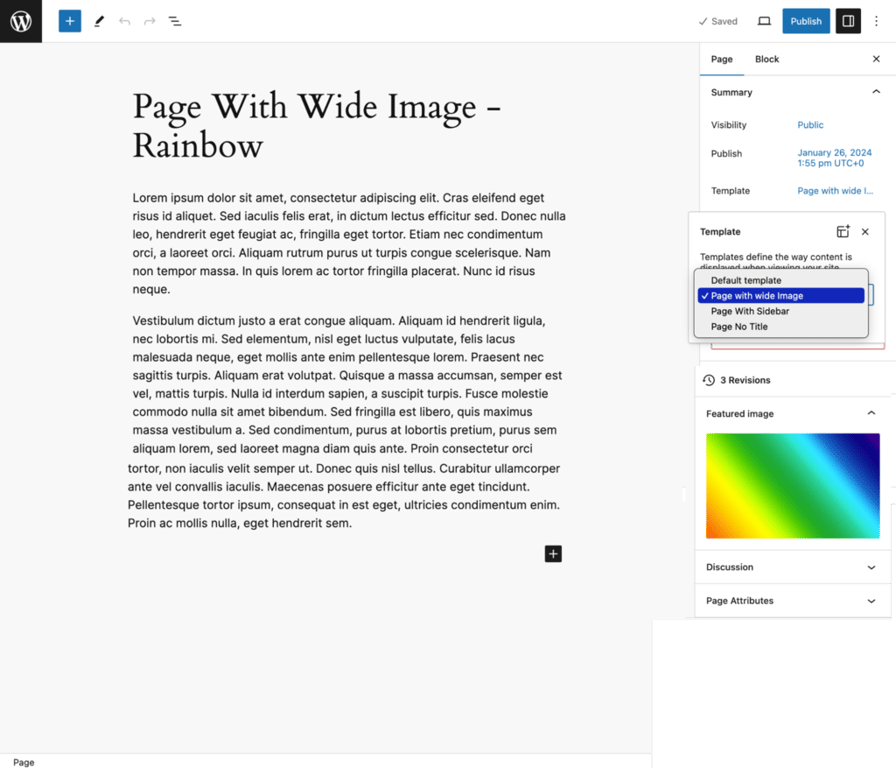 Changing the template for a page to the page with wide image
