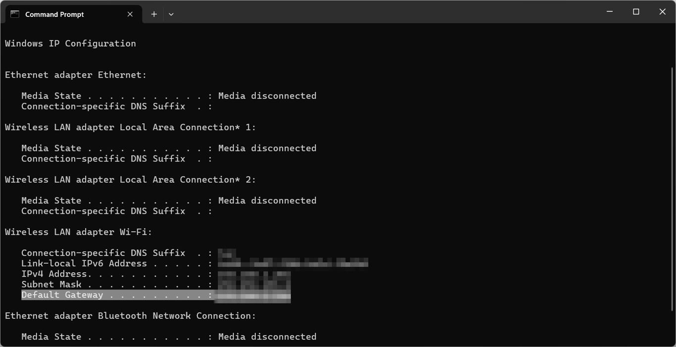 Command prompt prints IP address and default gateway of the current machine