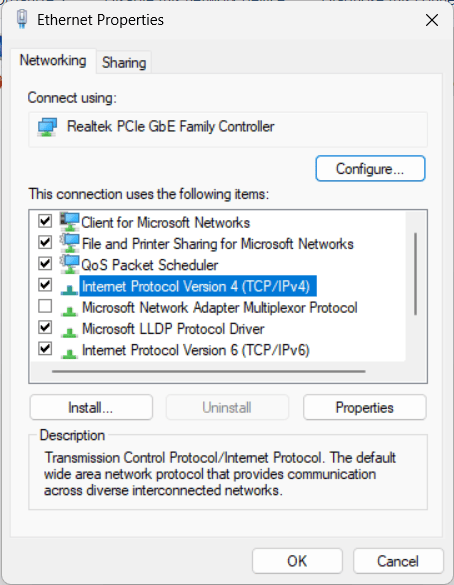 Ethernet Properties on Windows with TCP/IPv4 entry highlighted