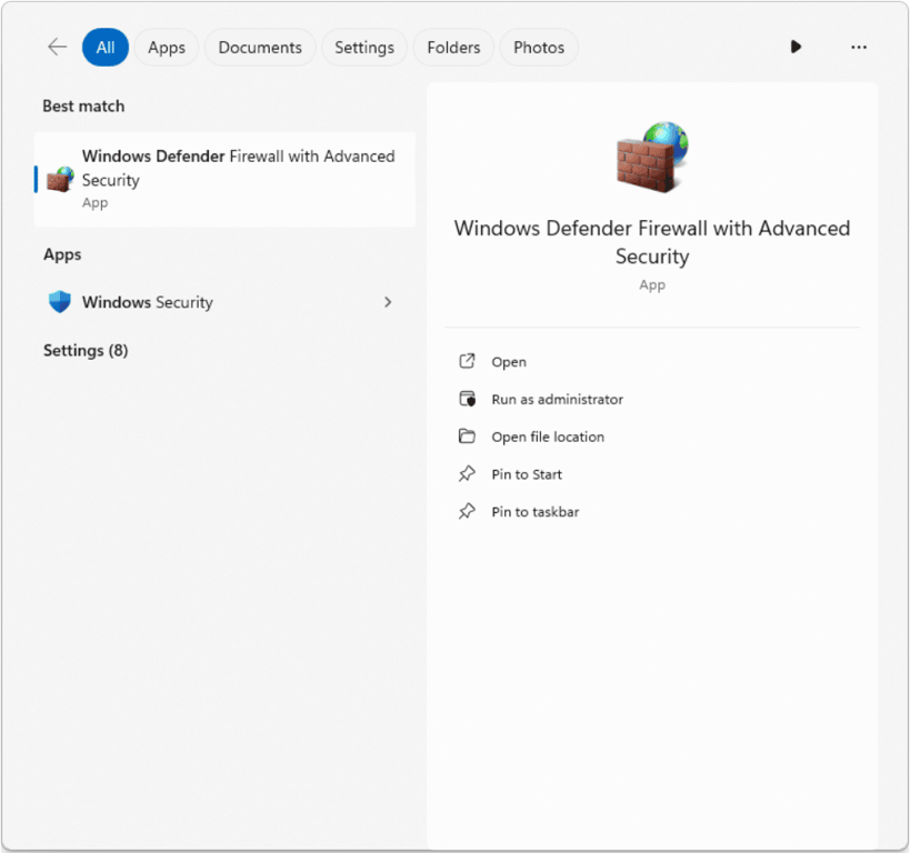 Windows Defender Firewall application is shown, a built-in Windows tool that allows users to access advanced settings of Windows Defender