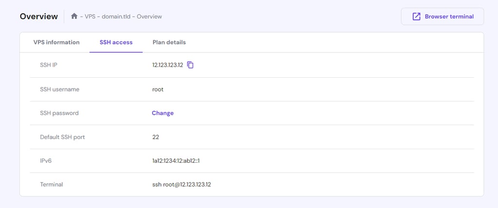 SSH access tab in hPanel VPS overview menu