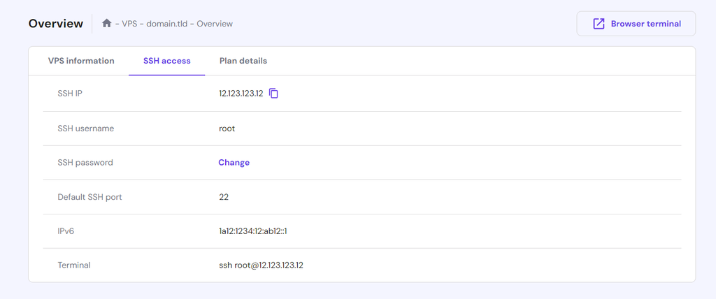 SSH access tab in hPanel's VPS overview
