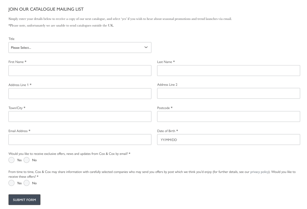 Cox & Cox store's mailing list