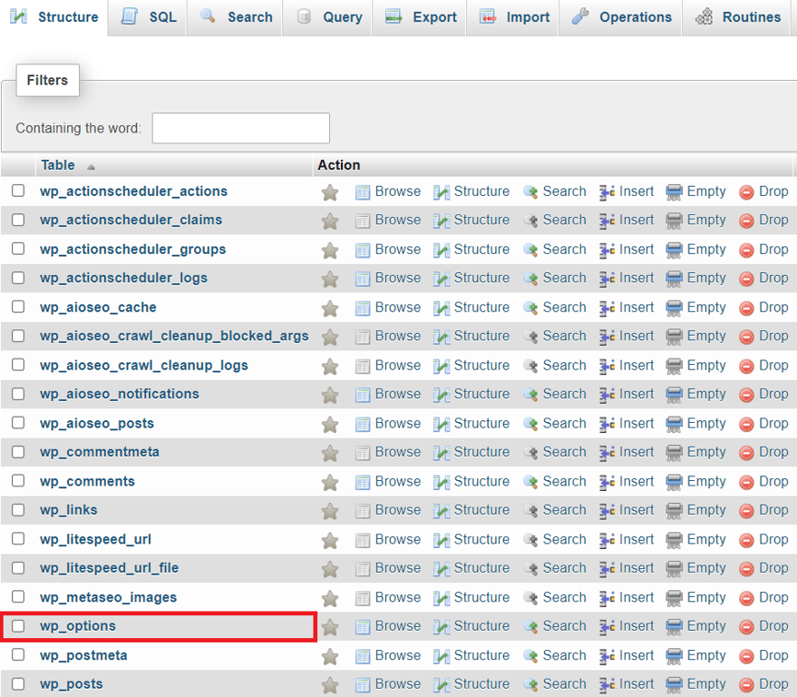 Opening the wp_options table on phpMyAdmin