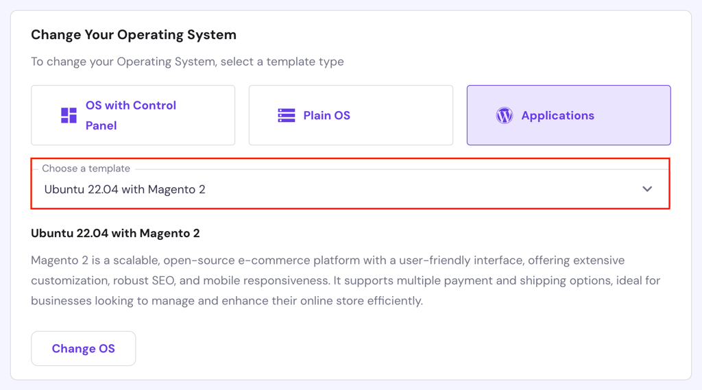Choosing the Ubuntu 22.04 with Magento 2 template on hPanel