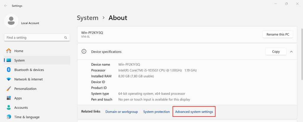 Windows system, highlighting the Advanced system settings menu