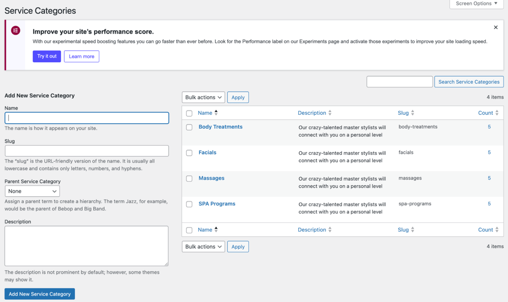 The Service Categories page in the MotoPress Appointment Booking plugin