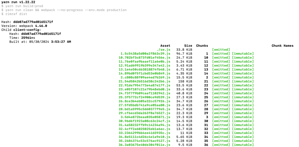 The yarn run build successful output