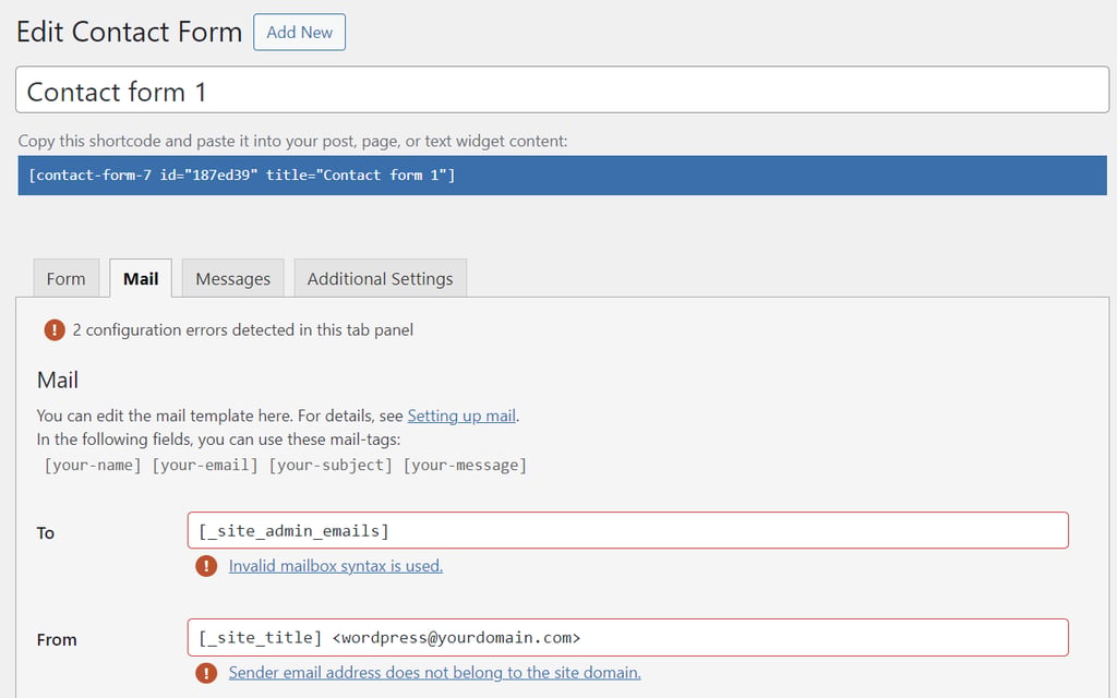 The To and From fields in the Mail tab when editing a contact form